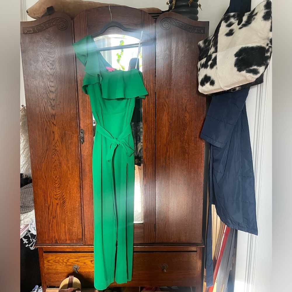 Lily Pulitzer Green Lyra One Shoulder / Off Shoulder Jumpsuit with Tie Belt